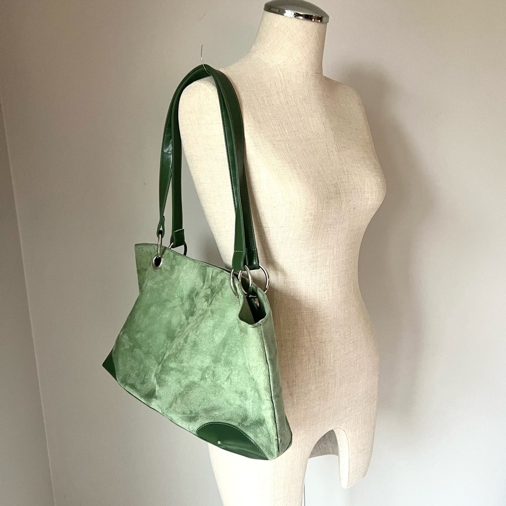 Green faux suede shoulder bag with chunky silver hardware - vegan leather straps